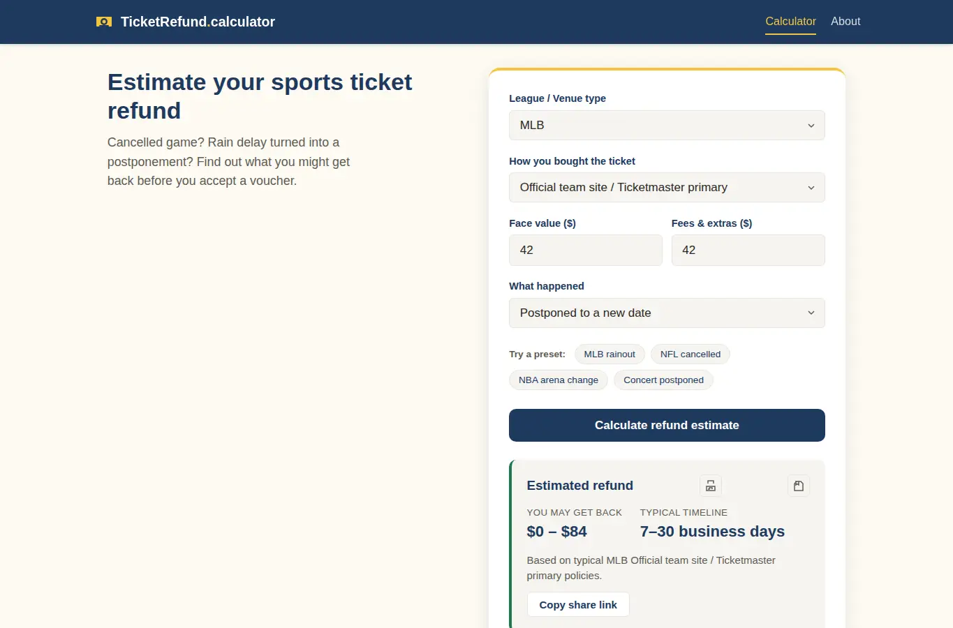 Screenshot of Sports Venue Refund Calculator interface showing the project page in use